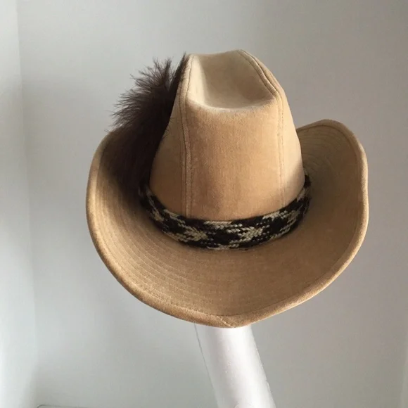 Vintage Womens Stetson Cowboy Western Hat Corduroy Cotton Feather Beige 6-3/4 - Picture 4 of 12